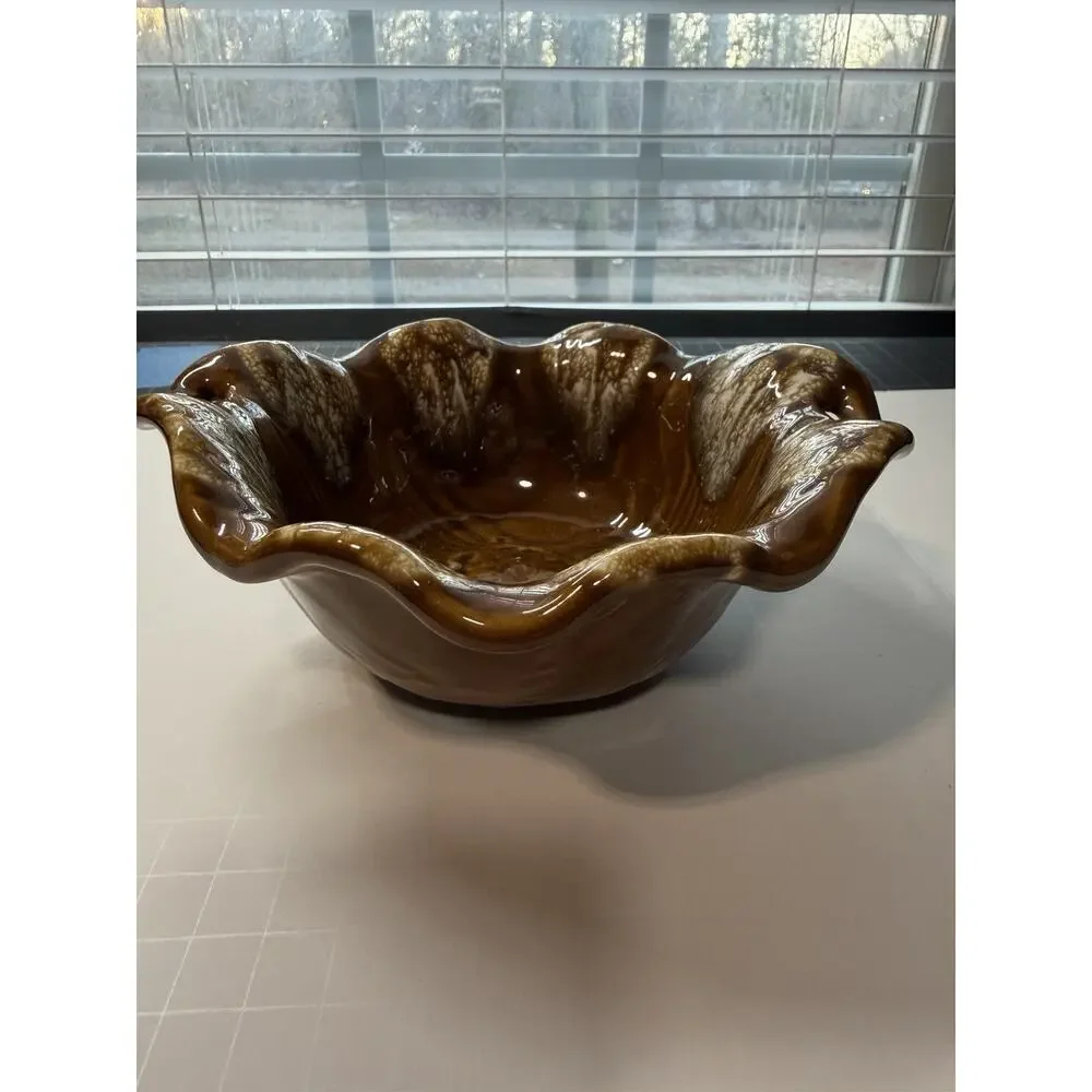 Vintage California Pottery Brown Wood Grain Serving Bowl MCM 7.5